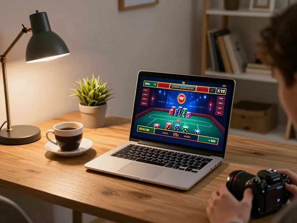 Engaging in exciting online casino gaming with 888b in a cozy, personalized home office setup.