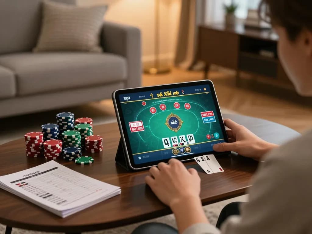 Taking a strategic approach to playing tài xỉu md5 on a tablet in a cozy home environment.