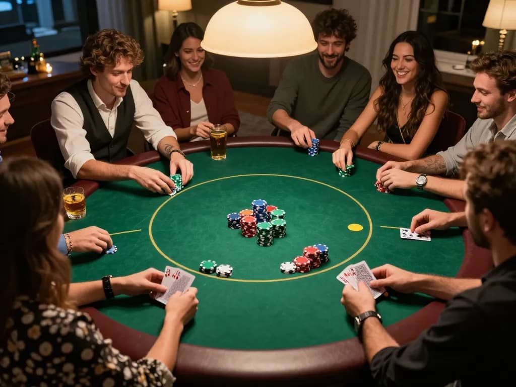 Players engaging in an exciting poker game at home, showcasing 23Win camaraderie and competition.