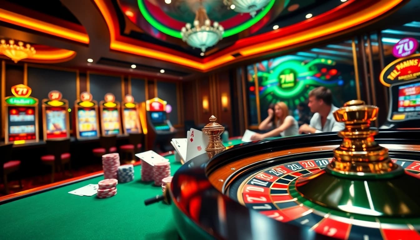 Experience an exciting game at 7M's vibrant casino scene with poker chips and a spinning roulette wheel.