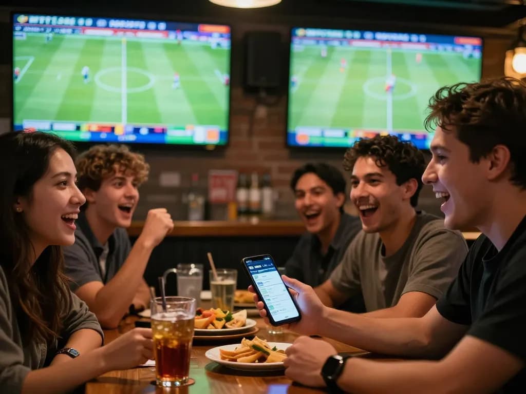 Kết quả bóng đá displayed on smartphone as friends celebrate live sports betting in festive bar.