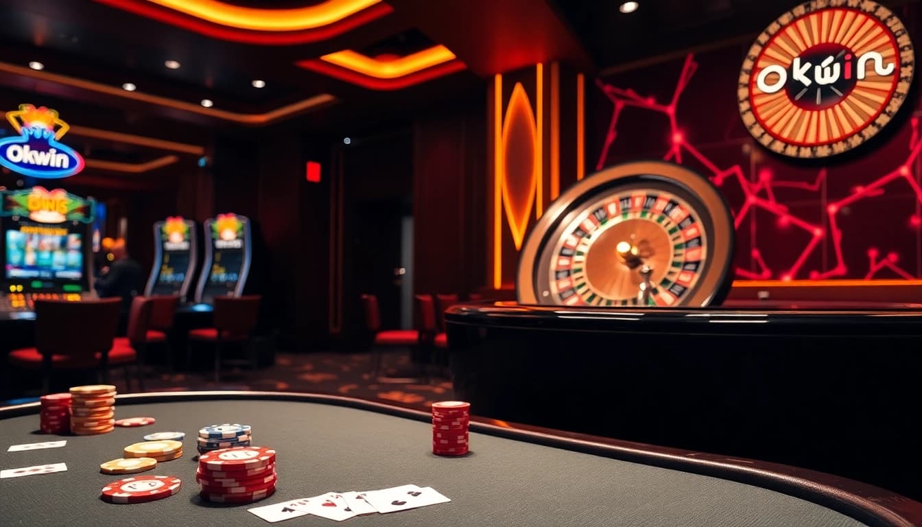 Experience the thrill of gambling with okwin's luxurious casino visuals featuring poker tables and roulette wheels.