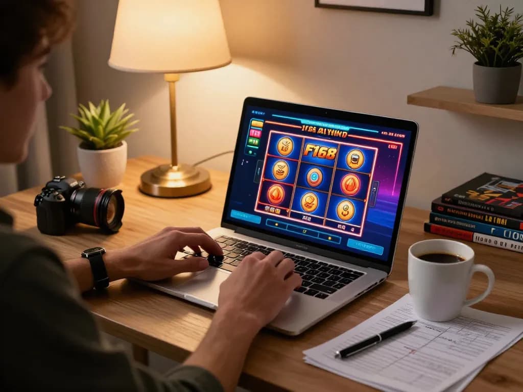 Player enjoying F168 slot game on laptop at home, showcasing strategic gaming atmosphere.