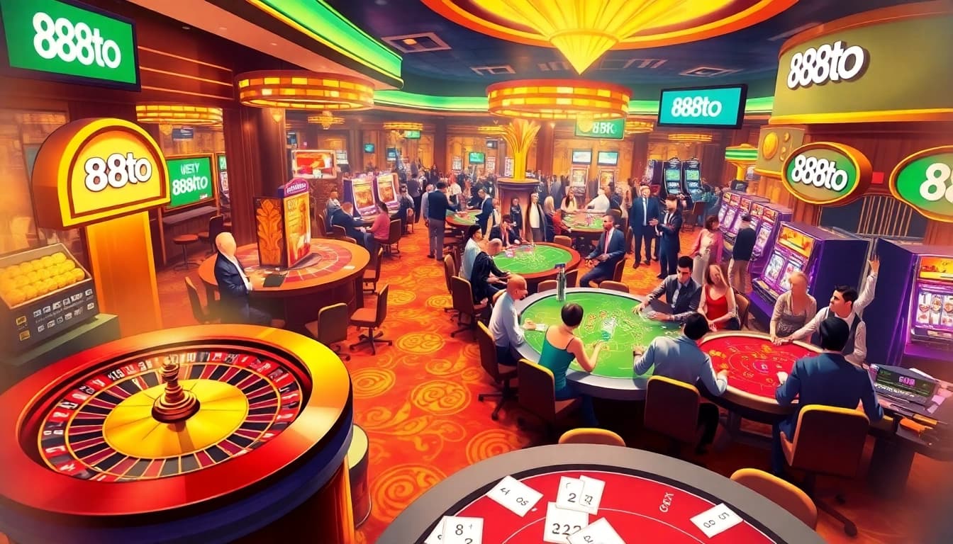Exciting casino gambling scene featuring 888TO, roulette wheel, and players engaged in games.