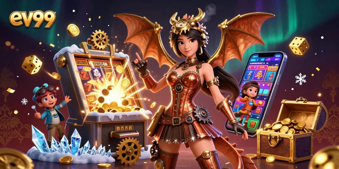 Win big with ev99 at this vibrant 3D casino scene showcasing slot excitement and playful elements.