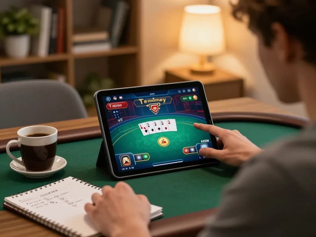 Engaging in a strategic gk88 poker game on a tablet in a cozy home setting.