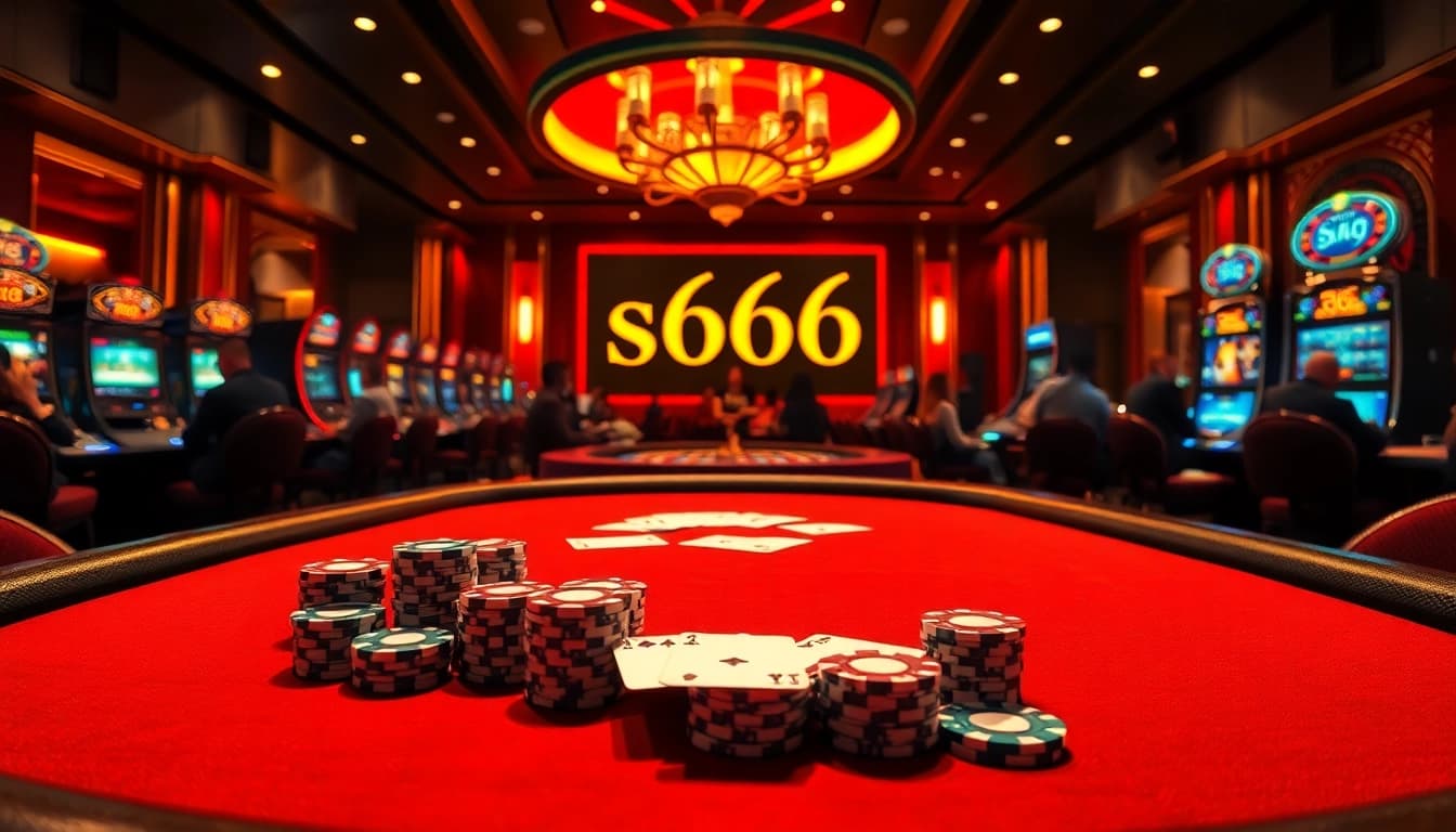 Engage with high-stakes action at the s666 casino poker table featuring vibrant chips and cards.