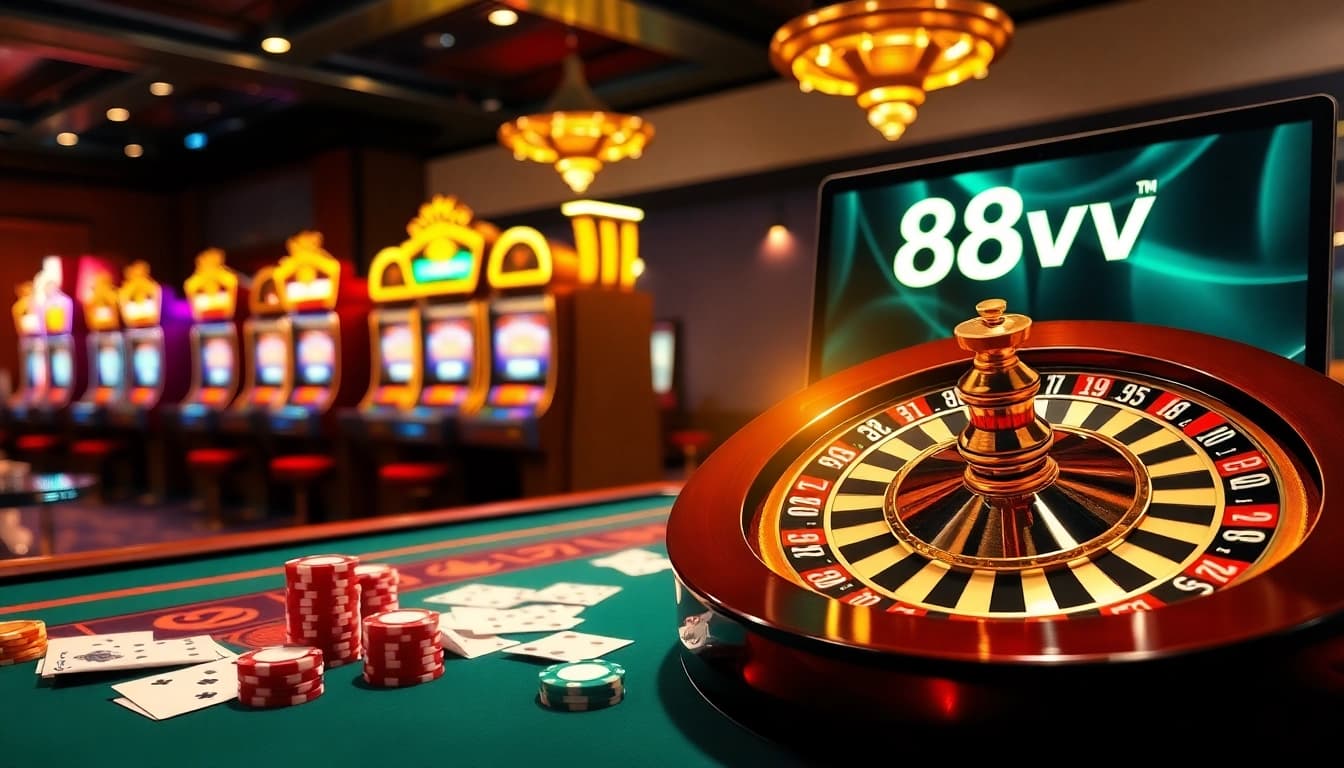 Engaging scene of 88vn casino with animated poker chips and roulette wheel, showcasing luxury gambling excitement.