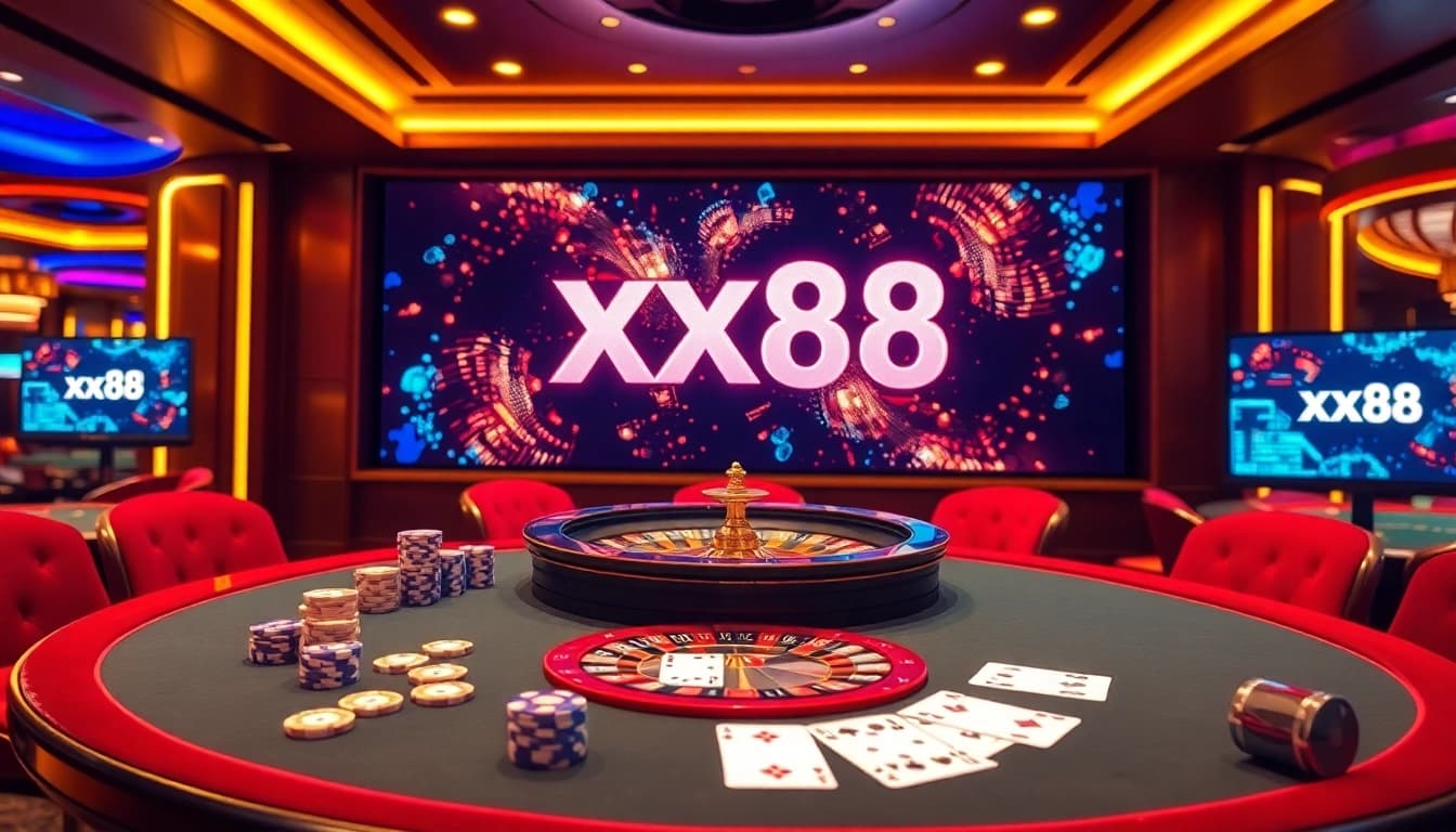 Experience excitement at xx88 with vibrant casino tables featuring roulette and poker elements.