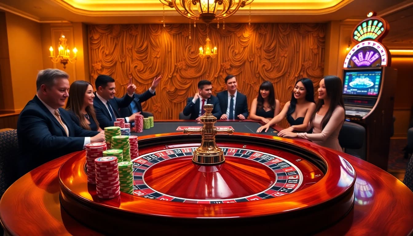 Luck8 players enjoying an exciting atmosphere at a roulette table with colorful chips.