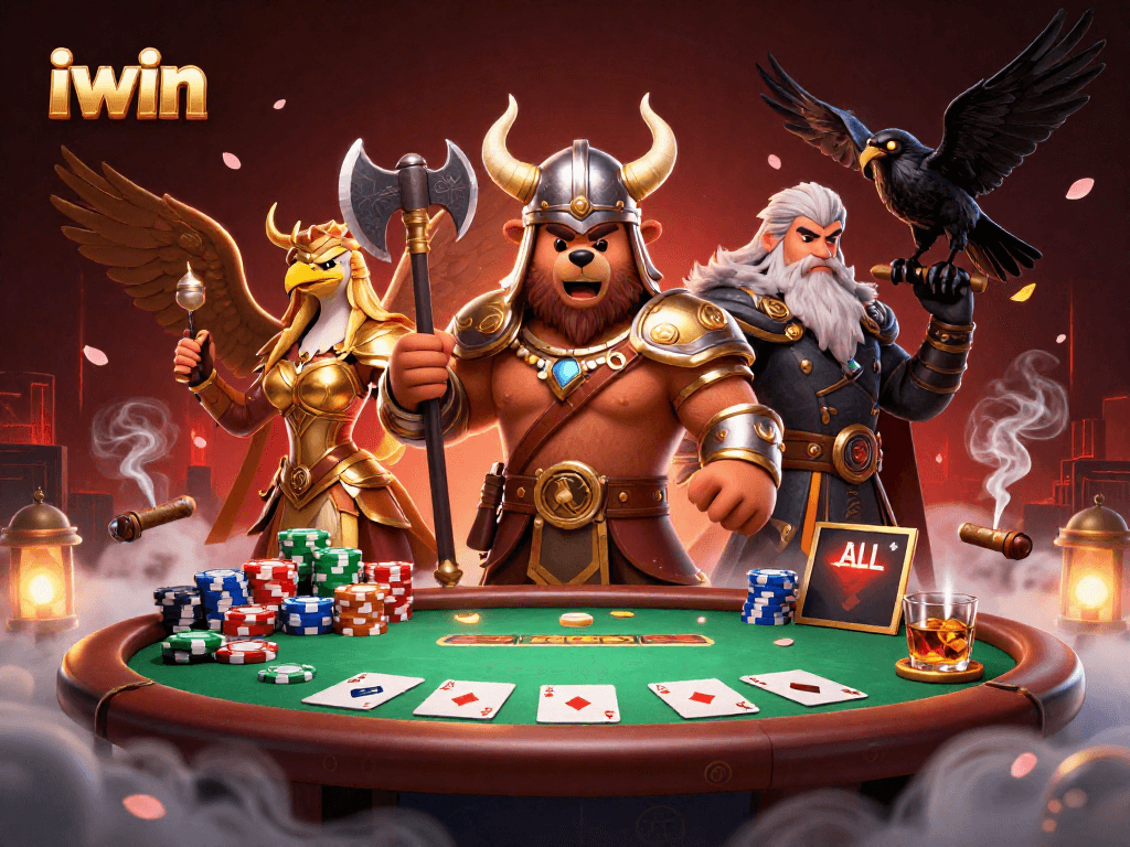 Engage with iwin's Viking-themed poker adventure featuring a berserker bear and Valkyrie eagle.