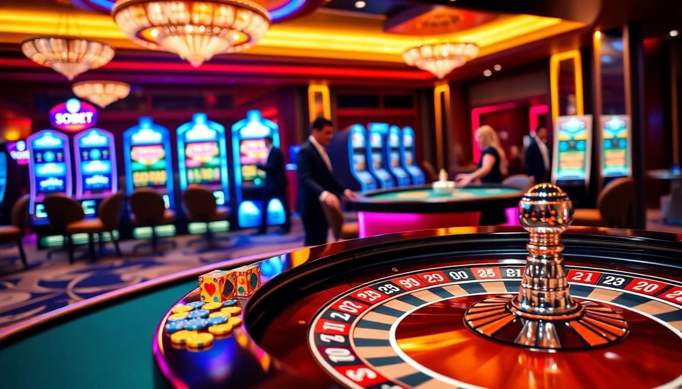 Experience the excitement of soibet ไทย with dealers and gaming tables in a luxurious casino setting.