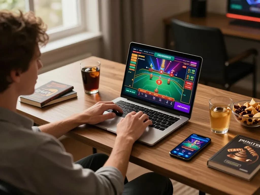 Engaging in an online soibet casino game with colorful graphics and strategy notes on desk.