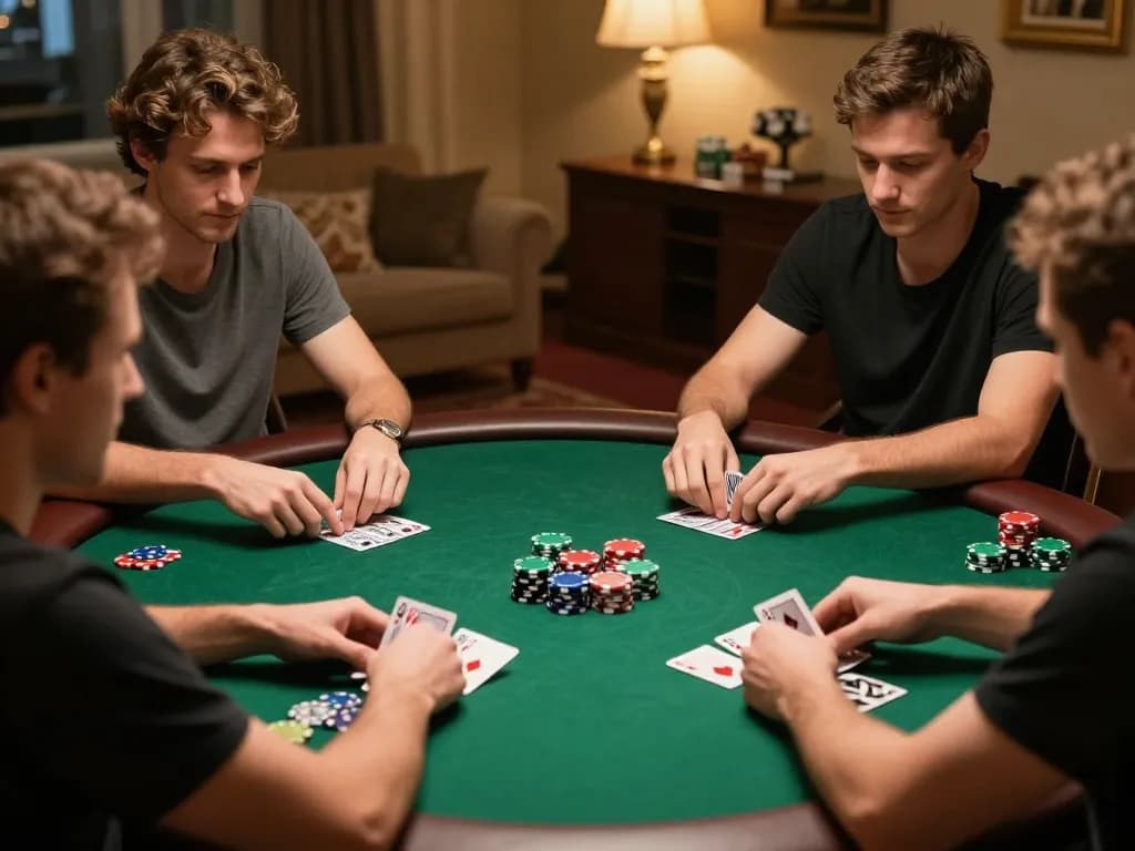 Engaged friends enjoying a poker game at home while using https://max88sss.com/ for strategy.