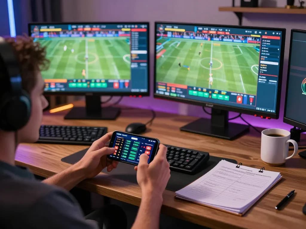 Engaged player exploring HIT CLUB online sports betting options on smartphone in modern setting