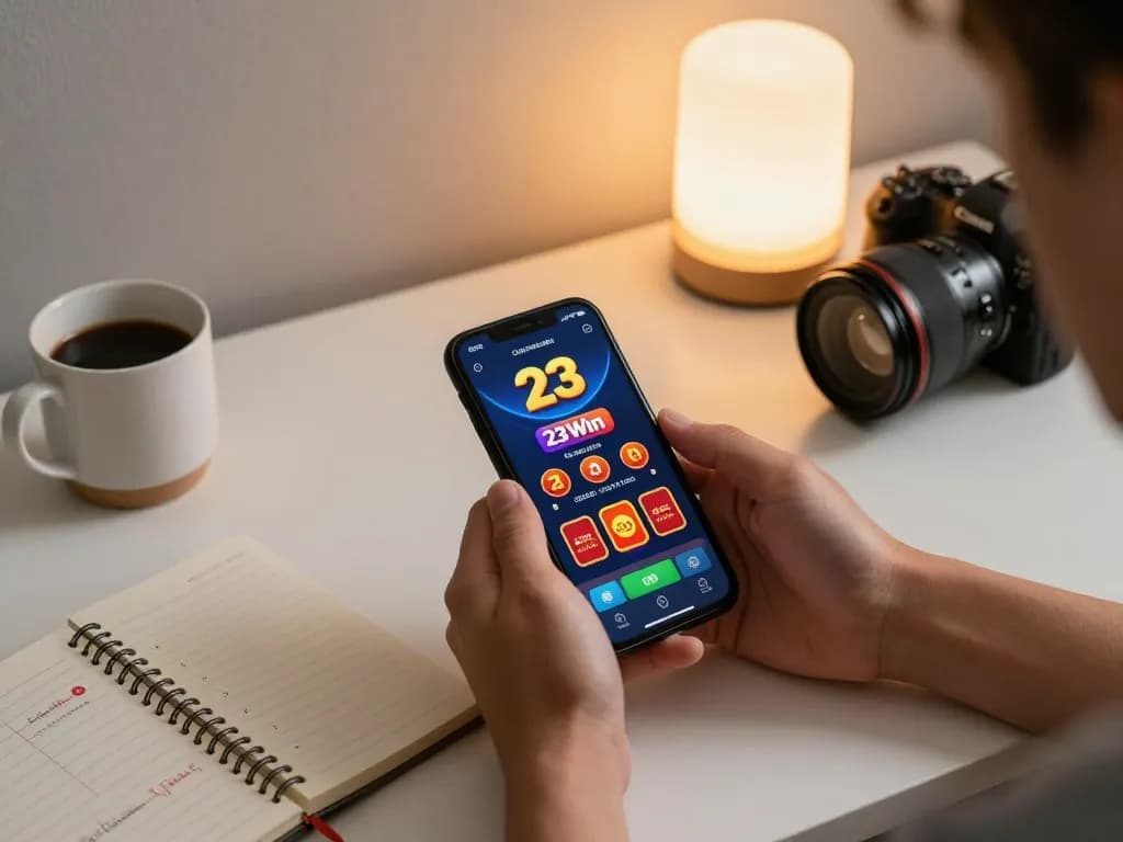 Engaging gameplay on the 23Win mobile app, showcasing a user strategy notes in a cozy setting.