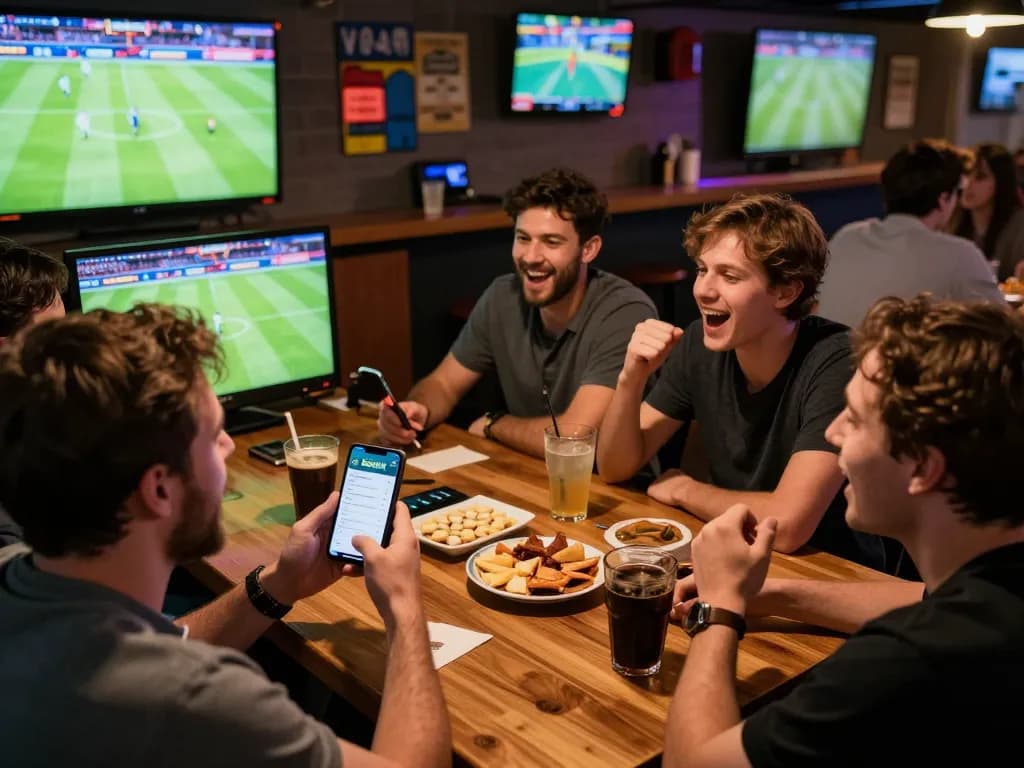 Socolive live sports betting scene with friends watching a match and using a betting app.