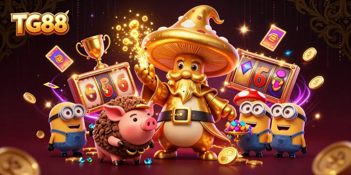 Engage with TG88’s thrilling slot games featuring golden elements and dynamic wizardry in a vibrant casino scene.