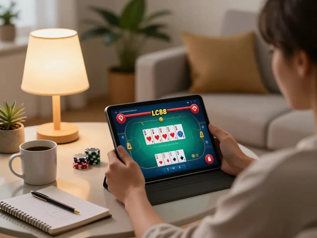 A person engaging in poker gameplay on LC88's online platform from home, showcasing a vibrant game interface and strategic notes.