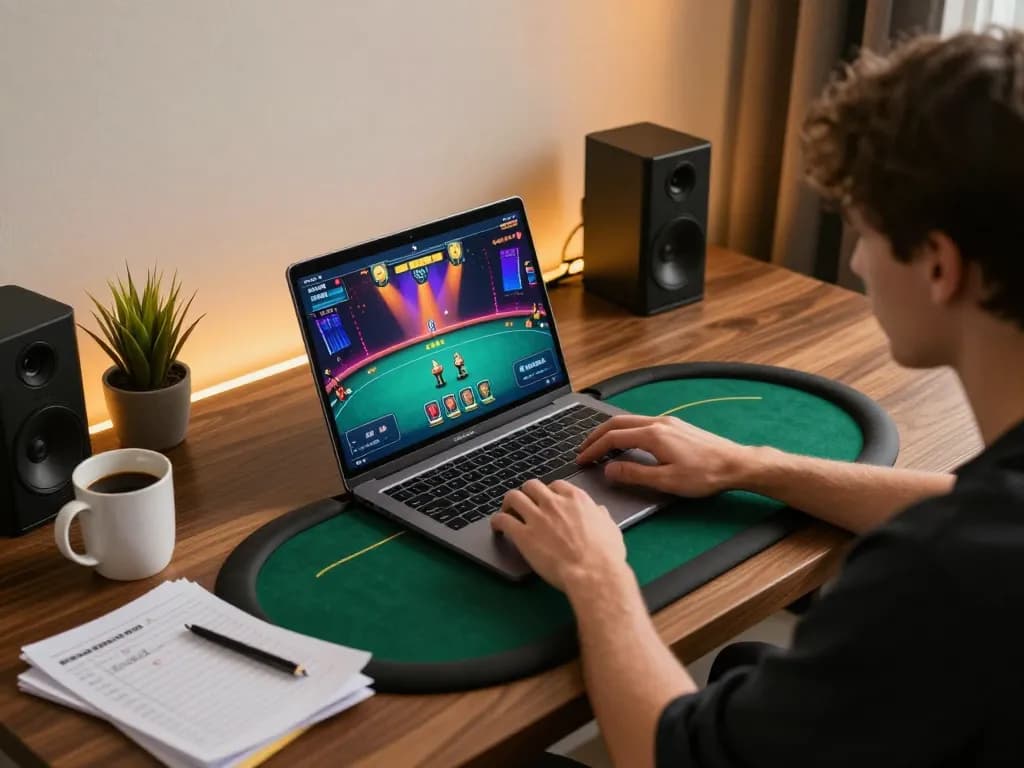 ALO8 player engaging in online poker gameplay, showcasing a modern gaming setup with strategy notes