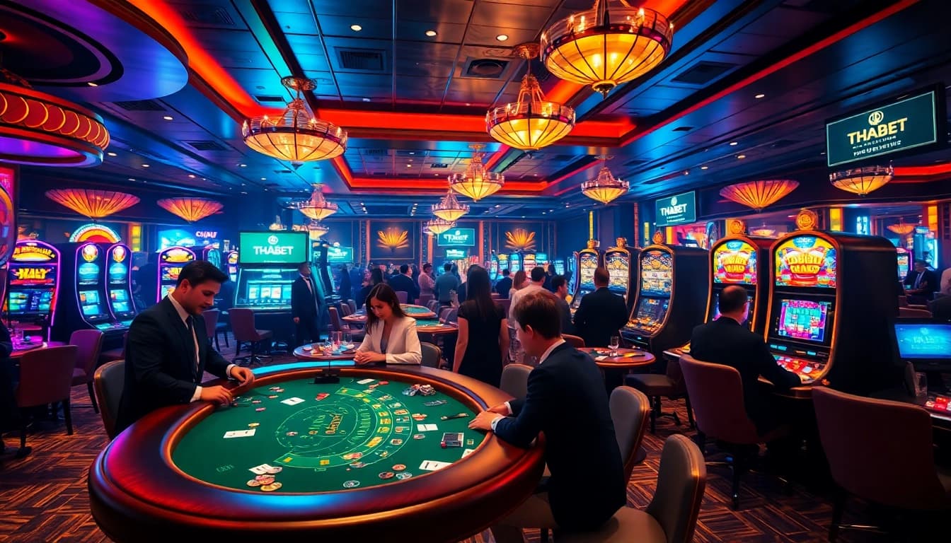 Players enjoying a thrilling evening at THABET's vibrant casino, with dealers and slot machines prominently featured.