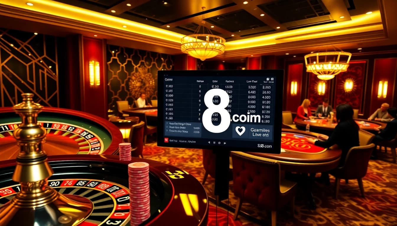 Players excitedly place bets at S8.com, showcasing a dynamic casino environment with vivid roulette wheels and poker chips.