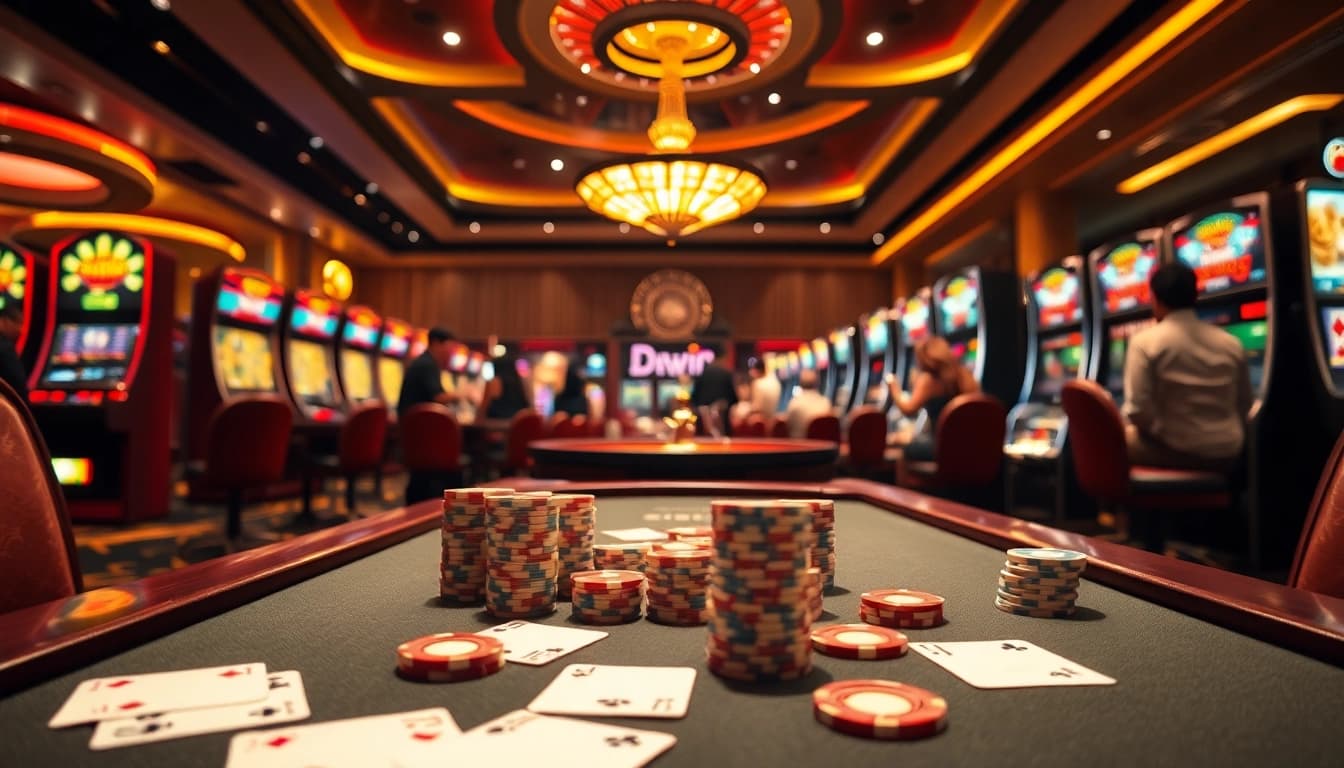 Players enjoying a thrilling game at 98win's vibrant casino with roulette and poker elements.