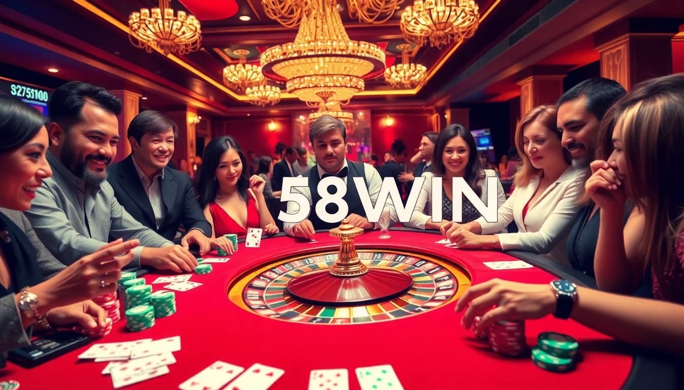 A thrilling casino scene with players enjoying a game of poker with 58WIN, showcasing vibrant chips and cards.