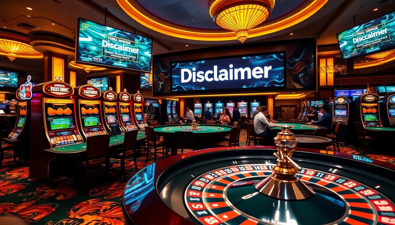 Disclaimer for gamblers amidst an exciting gaming atmosphere with roulette, slots, and cards.