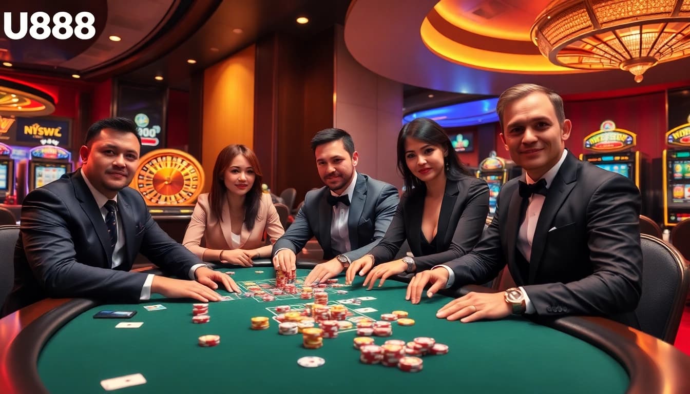 U888 players enjoying an exciting casino game with poker chips and roulette wheel.