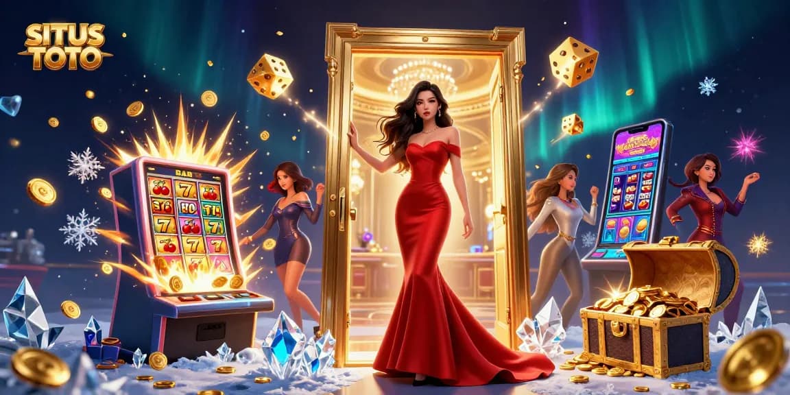 Experience the thrill of gaming at SITUS TOTO with an exciting casino scene featuring visuals of jackpots and rewards.