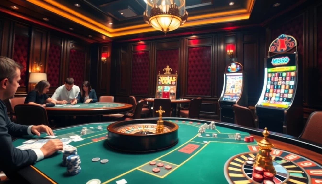 Experience thrilling gameplay at MM88 Casino with vibrant poker tables and a shining roulette wheel.