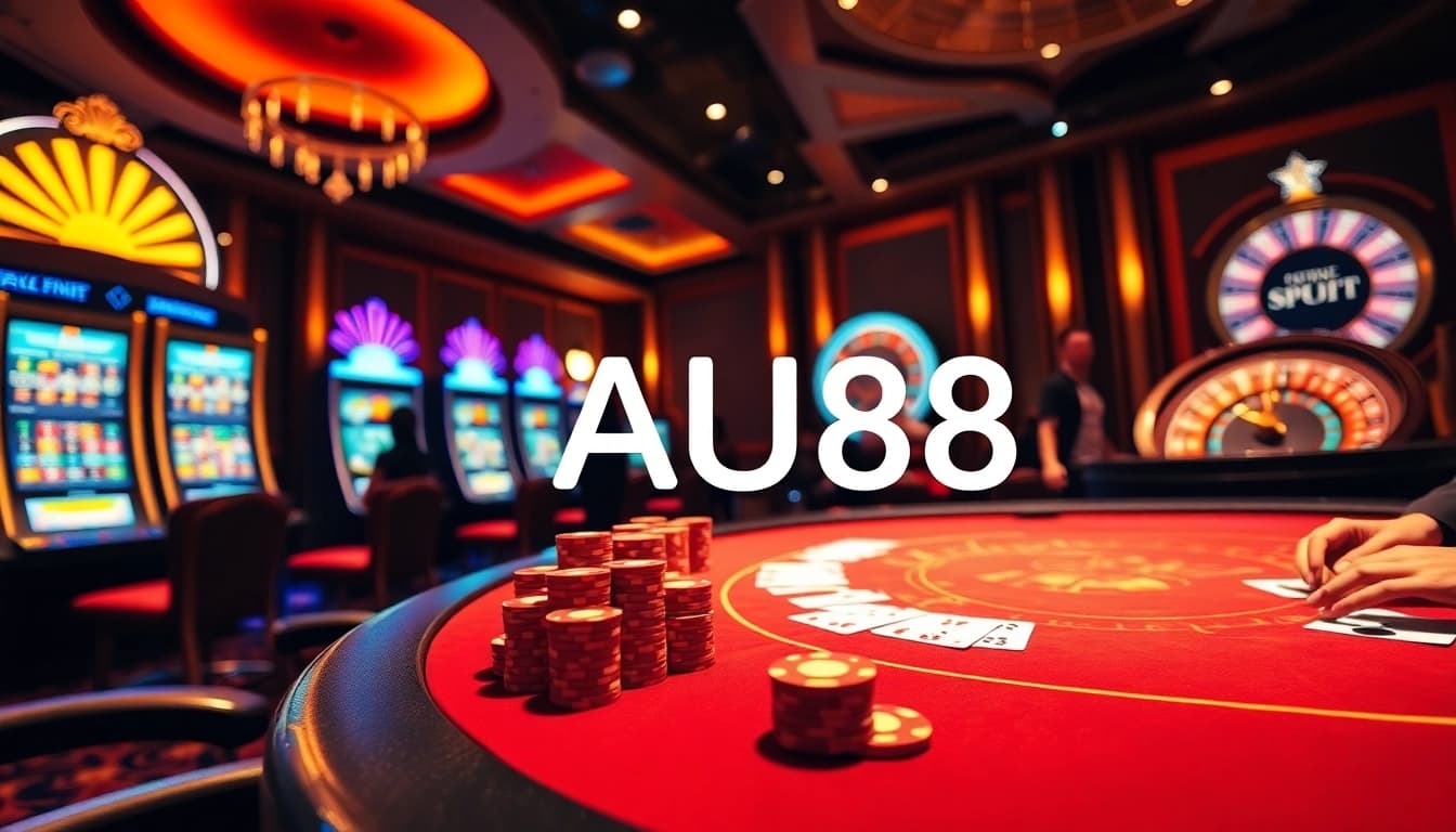 Experience the vibrant excitement of AU88 at a luxurious casino table featuring cards, chips, and a roulette wheel.