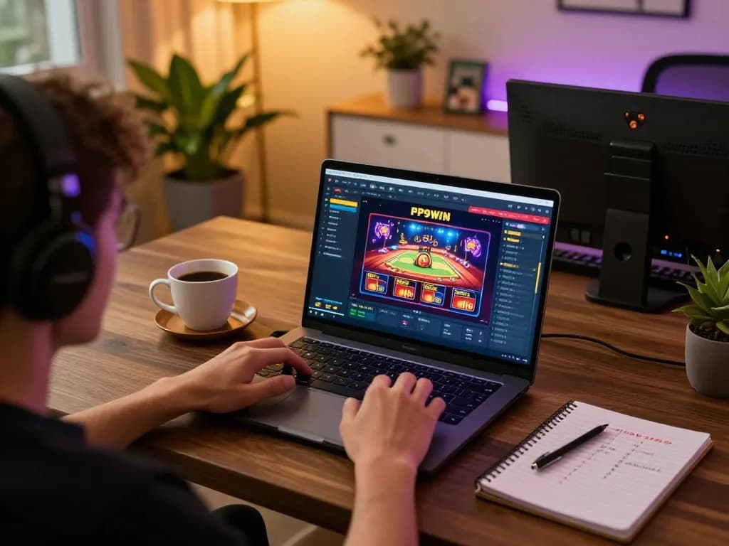 Player engaging with the PP9WIN online casino, showcasing gaming strategies in a cozy home setup.
