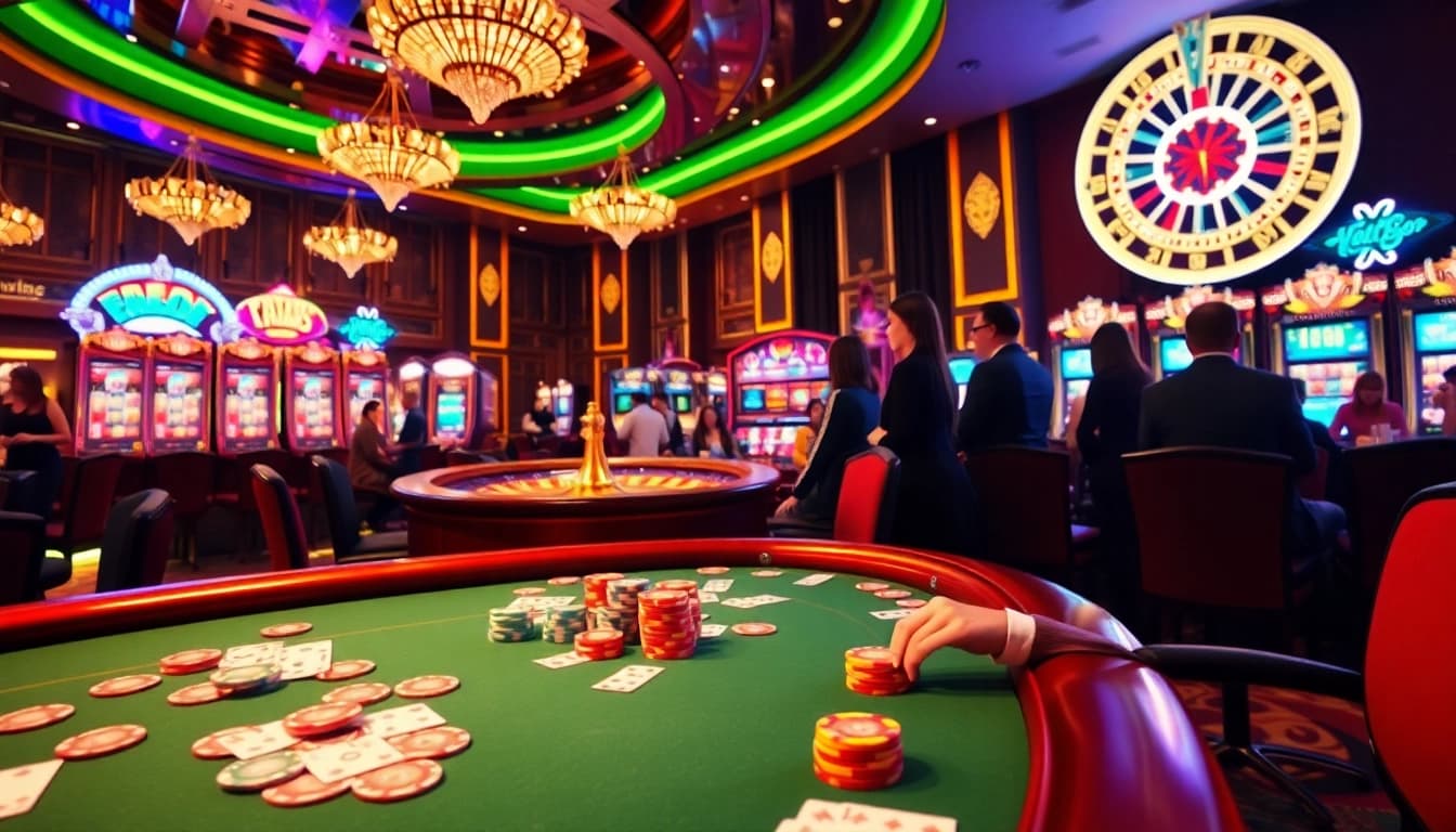 Hello88 players enjoying an engaging casino environment with poker and slot machines.