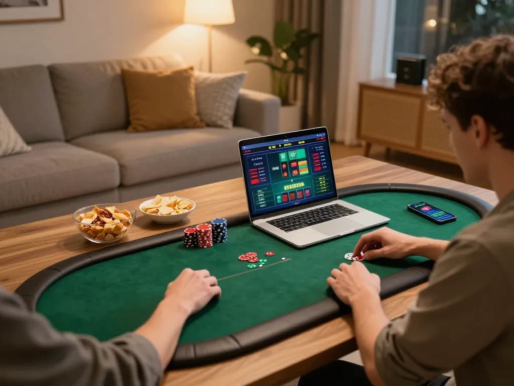 Player engages in online poker on va88’s platform with snacks and smartphone nearby.