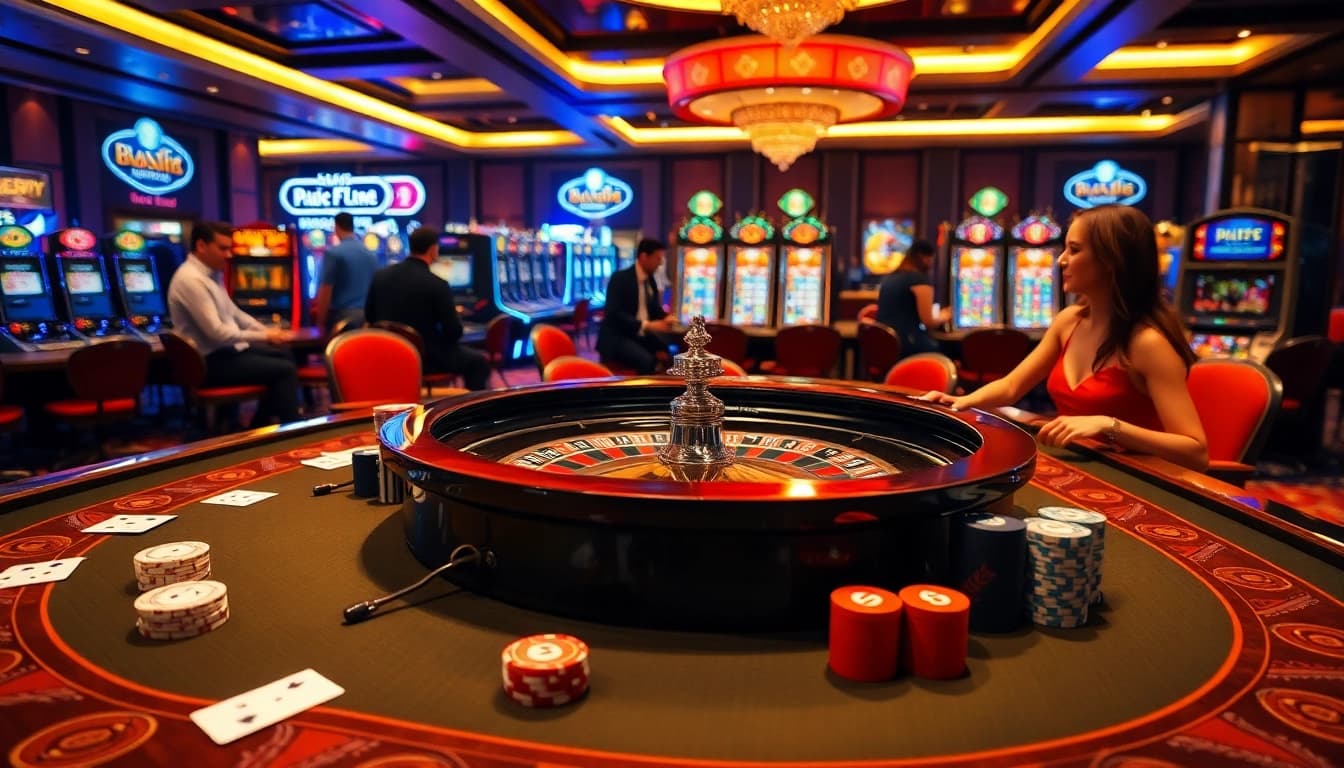 Experience the excitement at go8 as players engage in thrilling casino games with vibrant colors and luxurious ambiance.