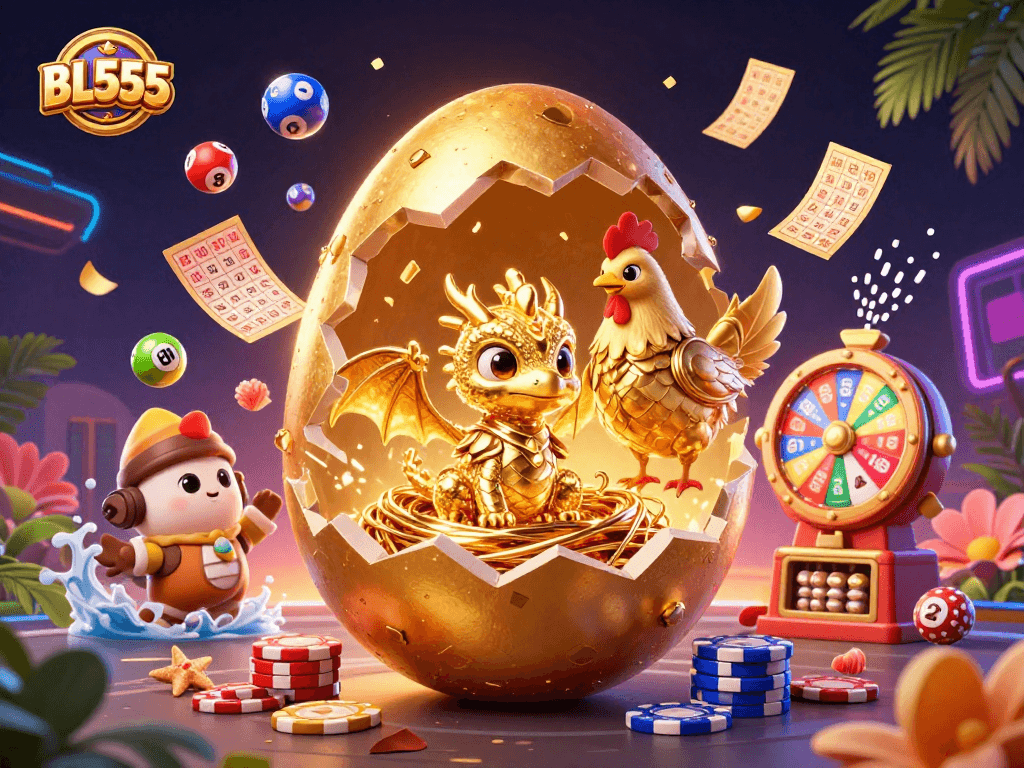 Experience thrilling gameplay at BL555 with a vibrant scene of a golden egg and dragon amid lottery excitement!