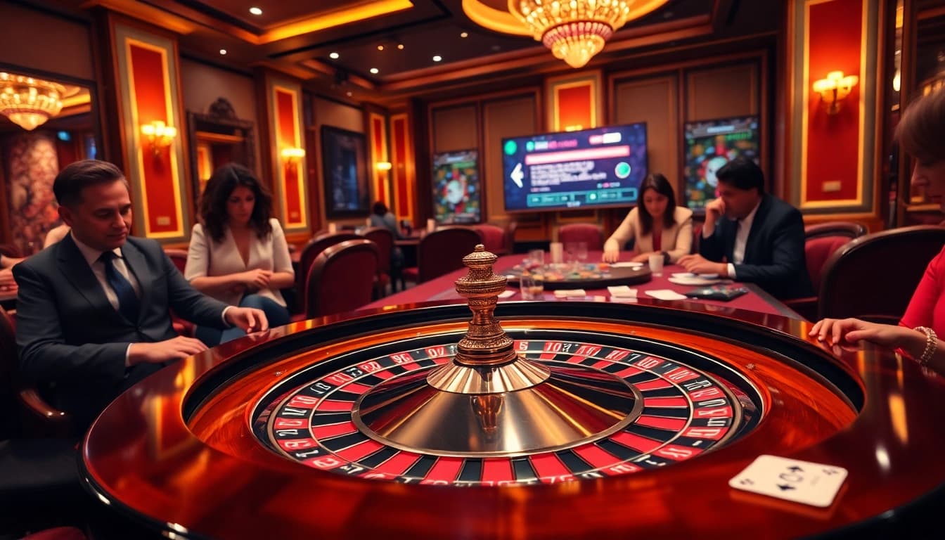 Engaged players enjoying a high-stakes game at https://hb88hz.club/ casino table with vibrant chips and cards.