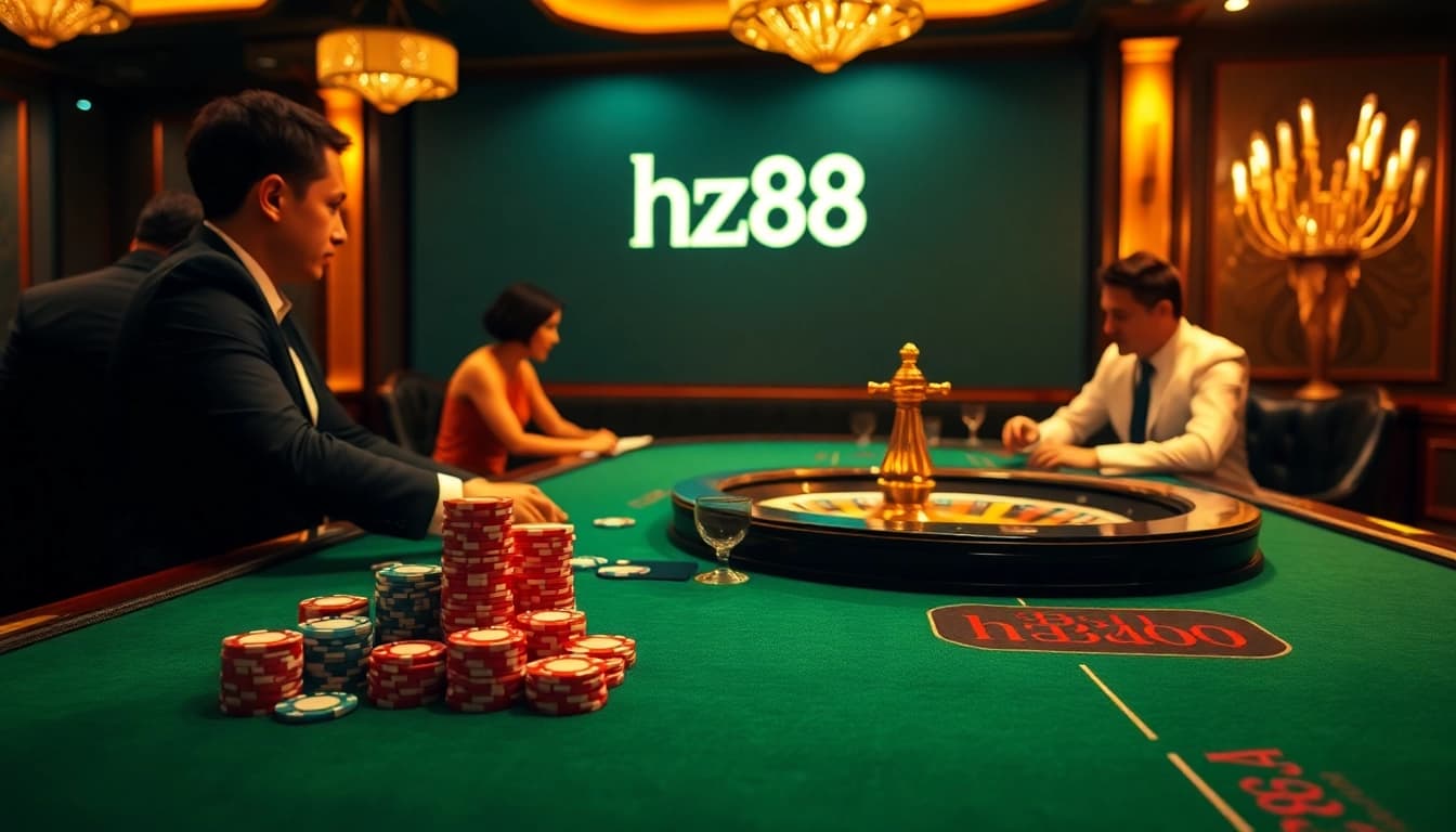 Engaging casino scene showcasing excitement with hz88 branding and vibrant gambling elements.