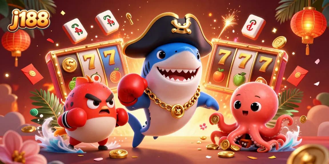 Play exciting games at j188 featuring a vibrant 3D illustration of a cartoon pirate shark and colorful casino elements.