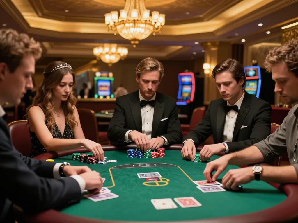 O8 participants strategizing and betting at an upscale poker table in an elegant casino setting.