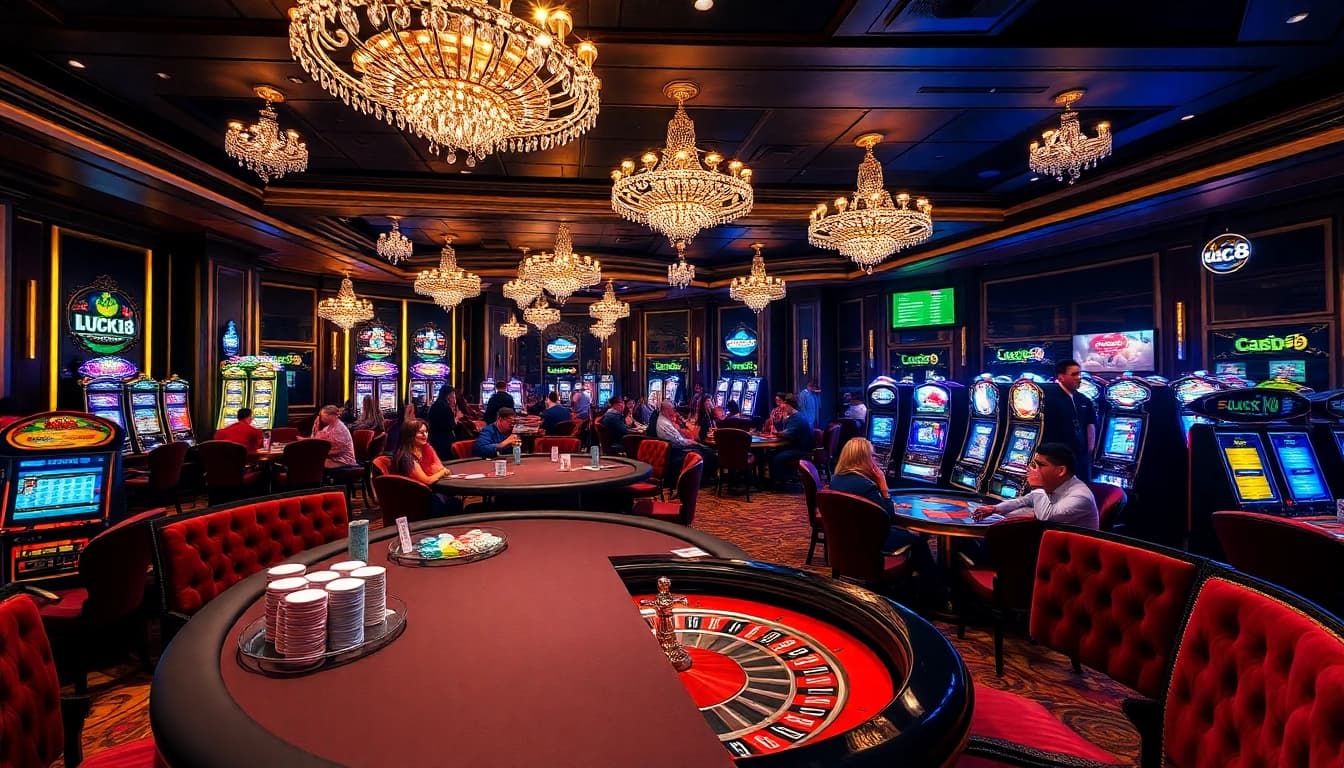 Experience the thrill of LUCK8 VIP with vibrant casino gaming tables and excited players.
