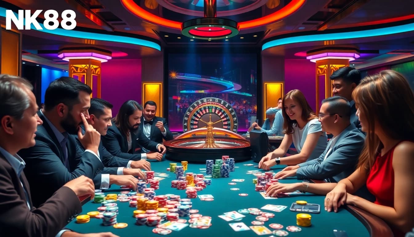 Players engaging in strategic plays at NK88 casino table with poker chips and cards.