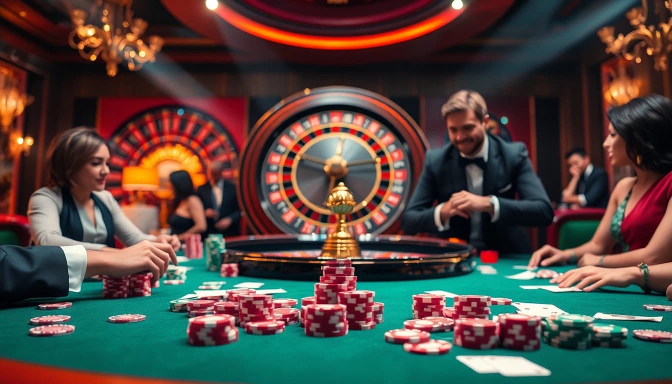 Thrilling casino scene featuring THABET with poker chips, cards, and a roulette wheel.