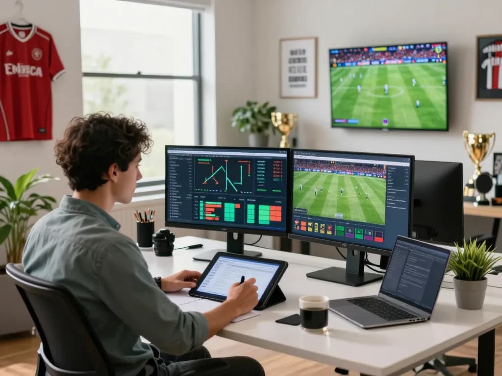 Bongdalu sports analyst focused on live match data in a vibrant office.