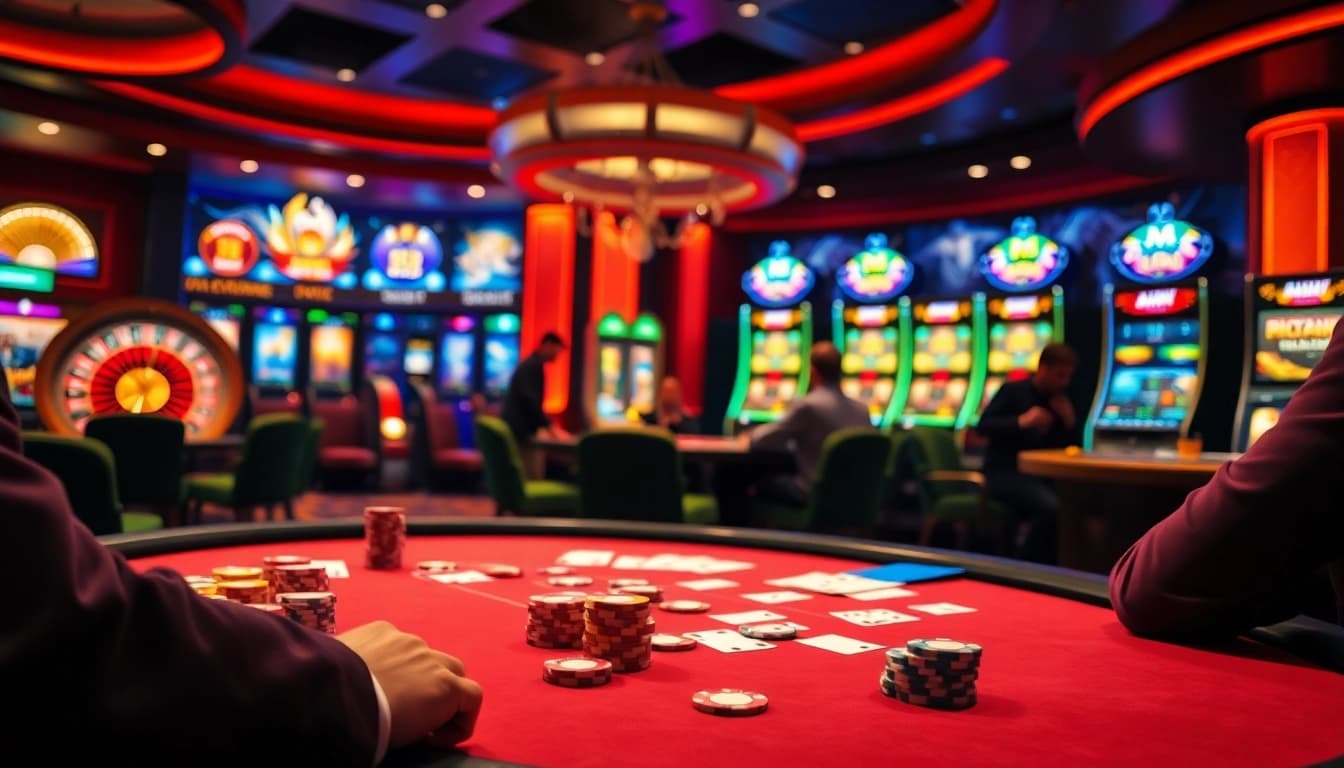 Okwin players placing bets on an exciting casino table with vibrant chips and cards.