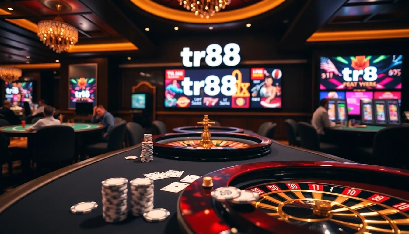Experience the thrill of tr88 at the poker table, surrounded by vibrant casino visuals.