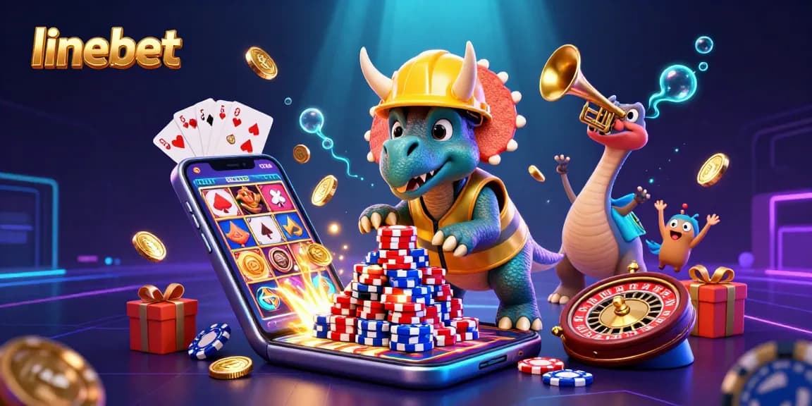 Engage with linebet's thrilling gaming experience featuring a triceratops constructing a pile of poker chips.