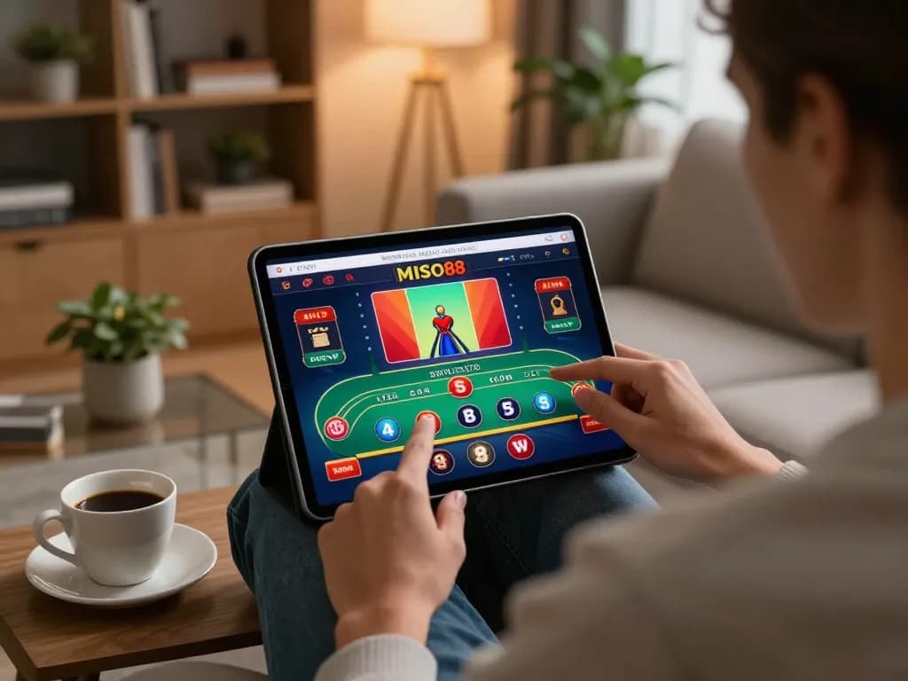 MISO88 player enjoying a live baccarat game on tablet, showcasing online casino excitement.